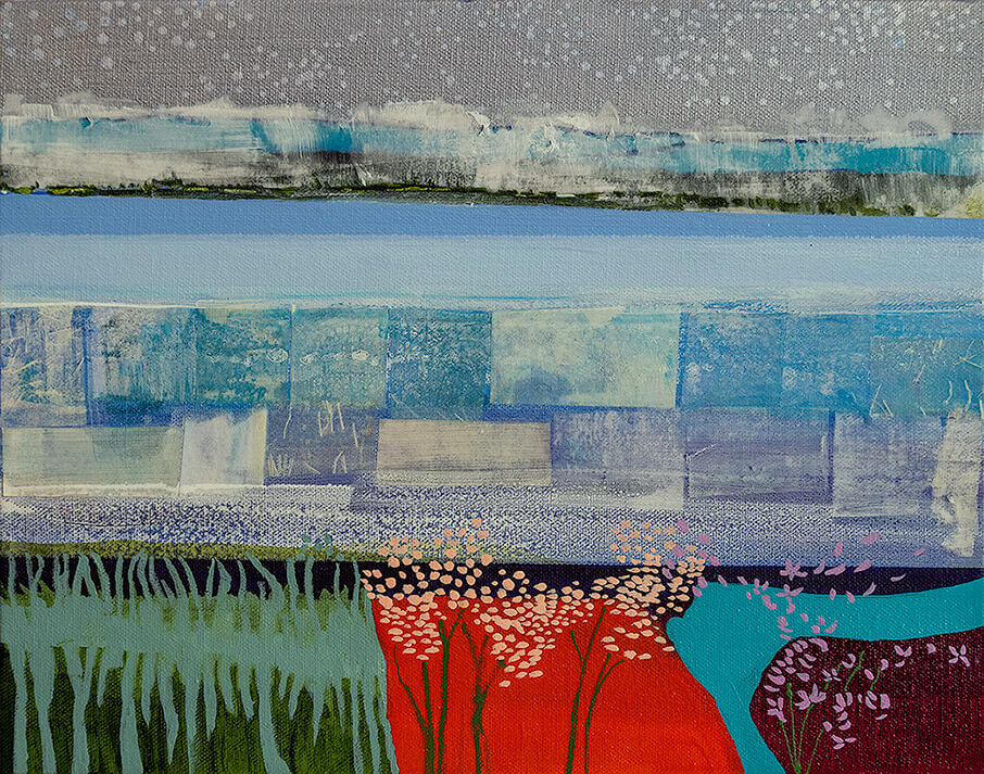 Blue Fields - Acrylic and Japanese Rice Paper - on Canvas - 11" x 14"